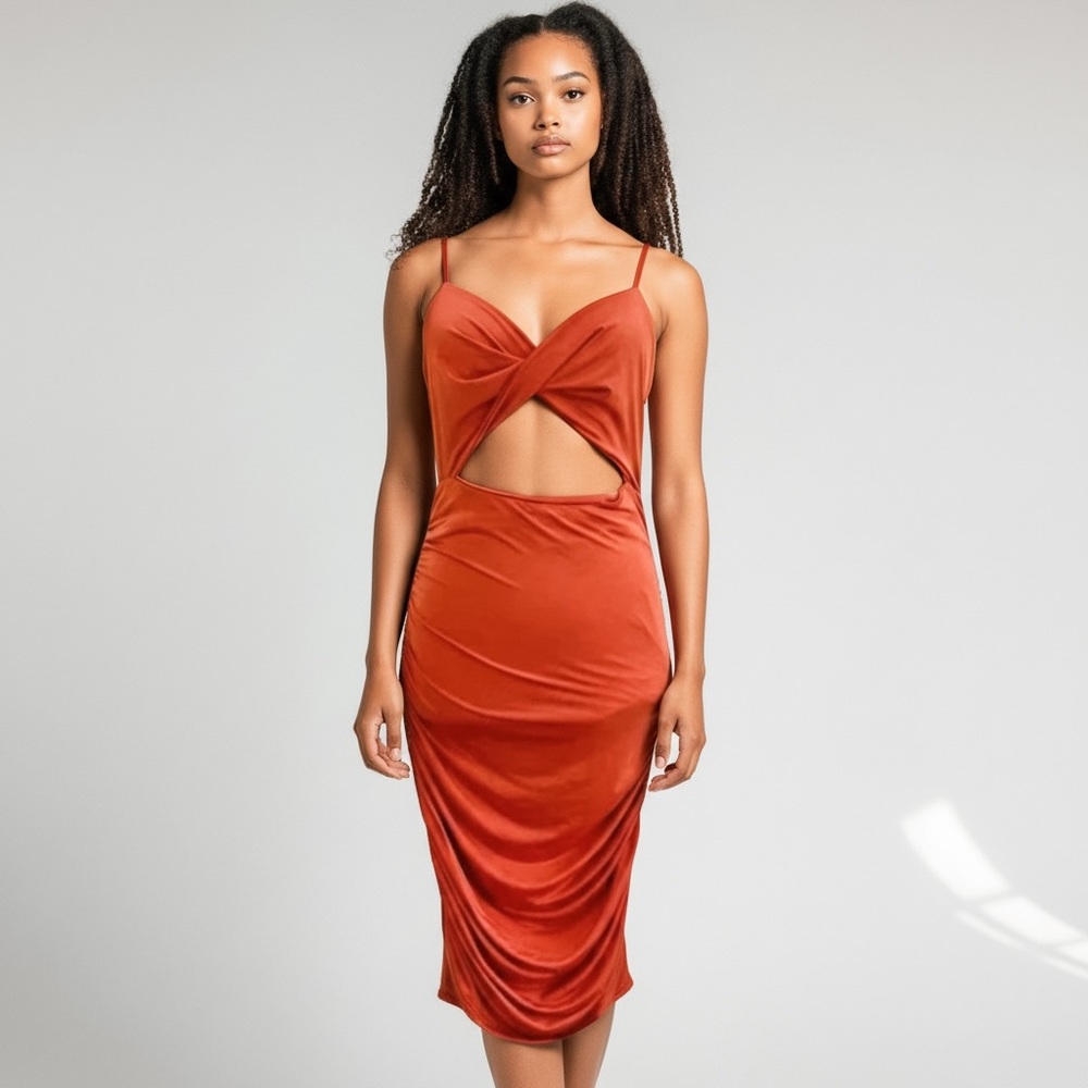 NWT 21 Saints Rust Orange Bodycon Dress with Crisscross Top and Cutouts